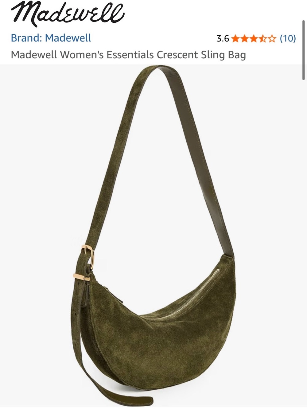 Madewell Olive Suede Crescent Sling Shoulder Bag